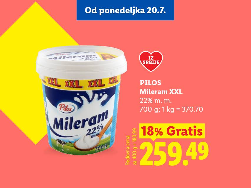 Kremasti sir Mileram XXL 22% m.m. u pakovanju od 700g, sa popustom od 18% i cenom od 259.49.