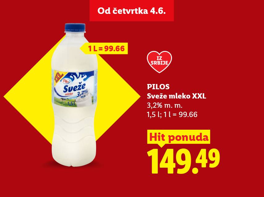 Ponuda svežeg mleka od 1,5L sa 3,2% mlečne masti, po ceni od 149.49, sa naznakom „Iz Srbije“.