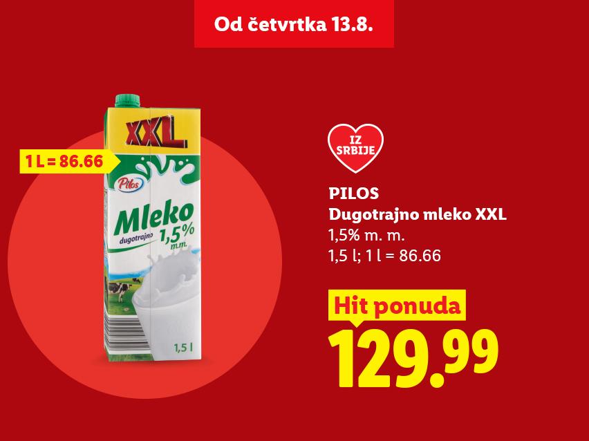 Pakovanje dugotrajnog mleka od 1,5% mlečne masti, 1,5L, po ceni od 129.99 dinara.