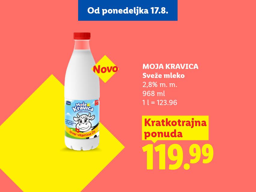 Ponuda svežeg mleka sa 2,8% mlečne masti, 968 ml, po ceni od 119.99, dostupno od ponedeljka 17.8.