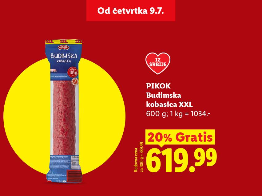 Reklama za kobasicu sa popustom, ističe se cena i poreklo iz Srbije.