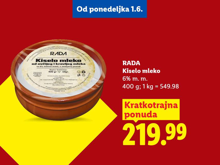 Kiselo mleko od ovčijeg i kravljeg mleka, 400g, 6% mlečne masti, po ceni od 219.99 dinara.