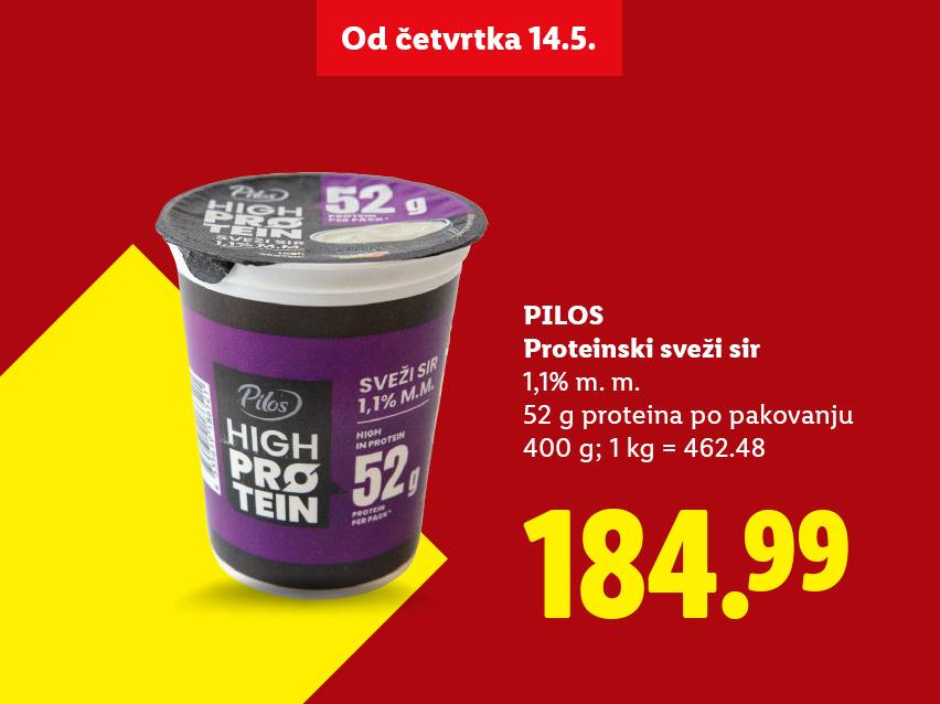 Reklama za proteinski sveži sir sa 1,1% mlečne masti, 52g proteina po pakovanju od 400g, cena 184.99.