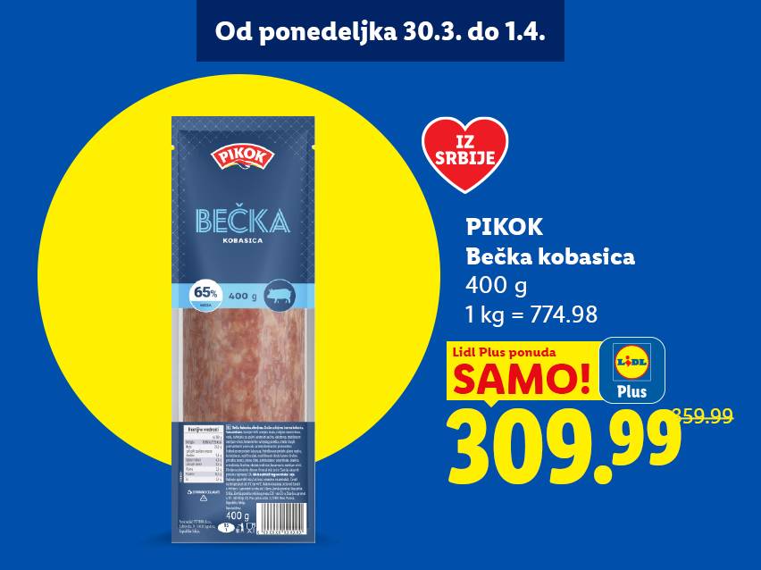 Pakovanje bečke kobasice od 400g, sa naznačenom cenom i popustom.