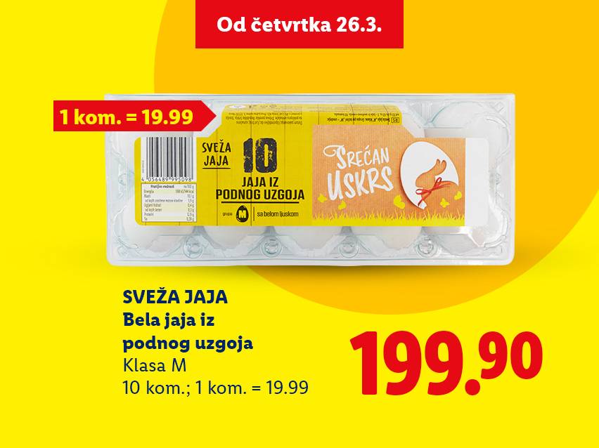 Pakovanje od 10 svežih jaja iz podnog uzgoja, klasa M, sa cenom od 199.90 dinara.