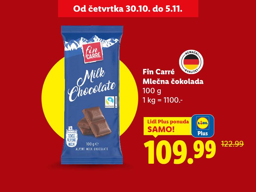 Fin Carré mlečna čokolada 100g, na akciji u Lidlu za 109.99 RSD.