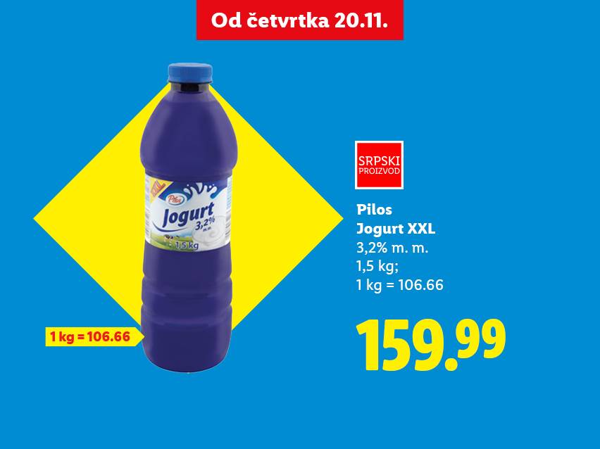Pilos Jogurt XXL 3,2% m.m. 1,5 kg za 159.99 dinara, akcija od četvrtka 20.11.