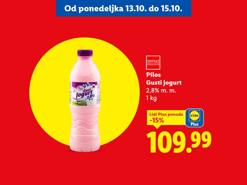 Pilos Gusti jogurt 2,8% m.m., 1 kg, na akciji od 13.10. do 15.10. za 109.99 RSD.