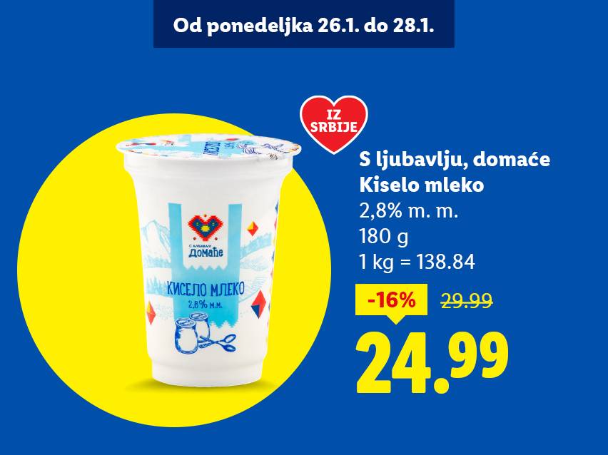 Reklama za kiselo mleko sa popustom, ističući poreklo iz Srbije i cenu od 24.99.