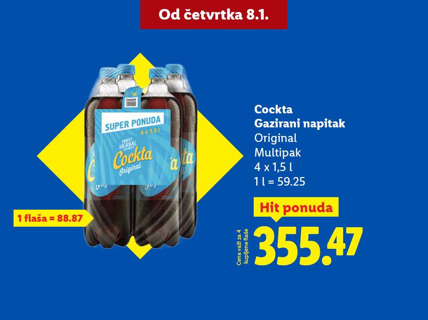 Cockta gazirani napitak, multipak 4x1,5L, cena 355.47.