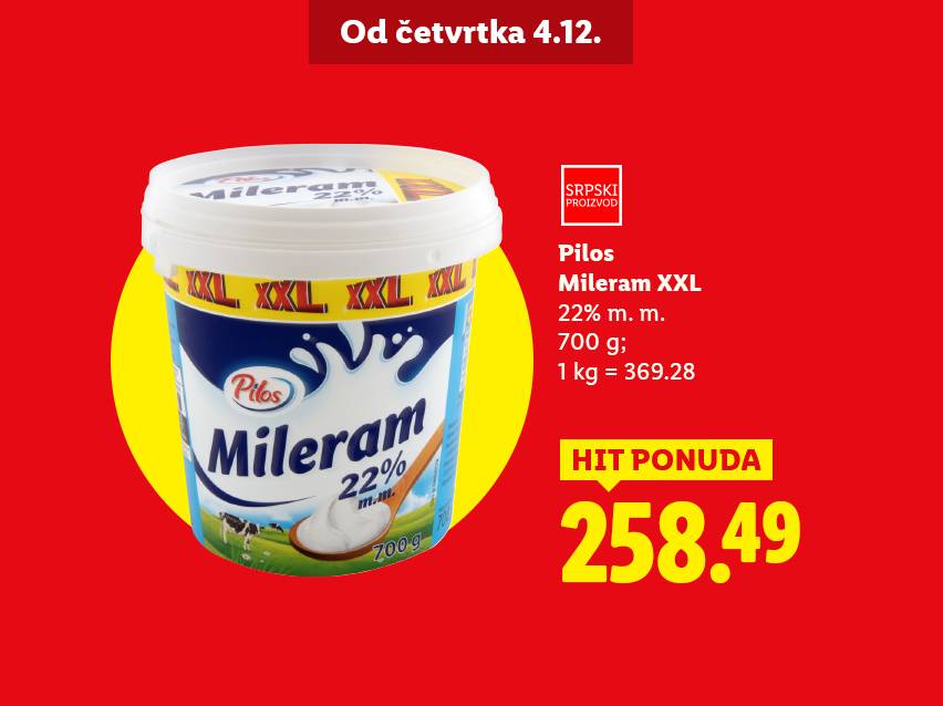 Pilos Mileram XXL 22% m.m. 700g, cena 258.49 dinara.