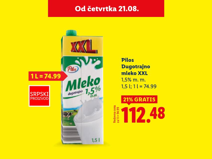 Pilos dugotrajno mleko XXL, 1,5% m.m., 1,5 l, 1 l = 74.99, 21% gratis, 112.48.