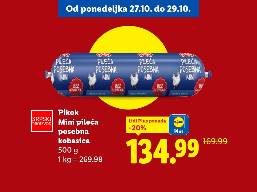 Pikok Mini pileća posebna kobasica, 500g, bez glutena, snižena na 134.99 RSD uz Lidl Plus.