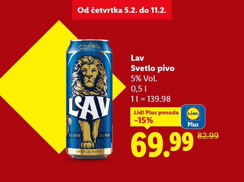 Reklama za svetlo pivo u konzervi, sa cenom od 69.99 i popustom od 15%.