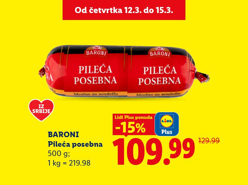 Pileća posebna salama, 500g, snižena 15% na 109.99 dinara, važi od četvrtka 12.3. do 15.3.
