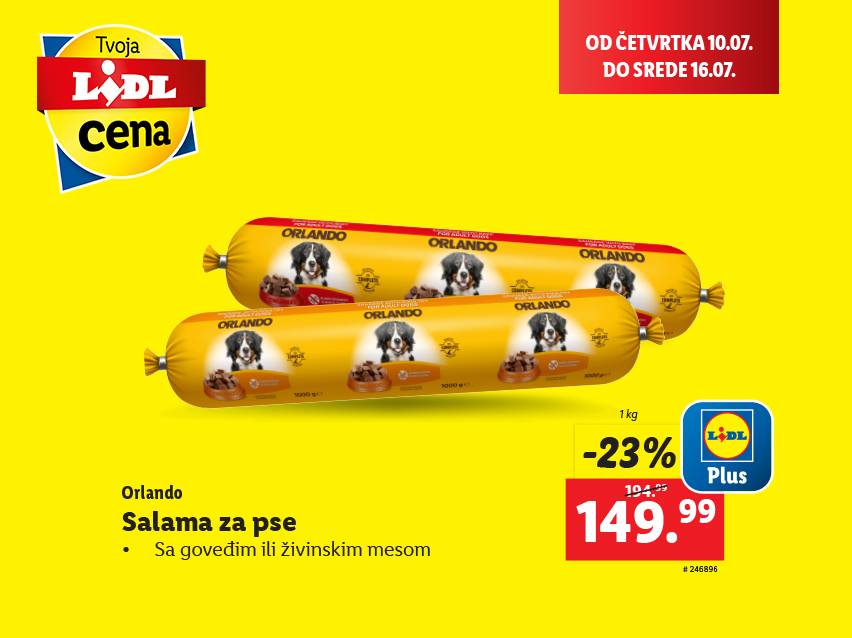 Lidl Plus akcija: Orlando salama za pse sa goveđim ili živinskim mesom, 1kg, sniženo 23%.