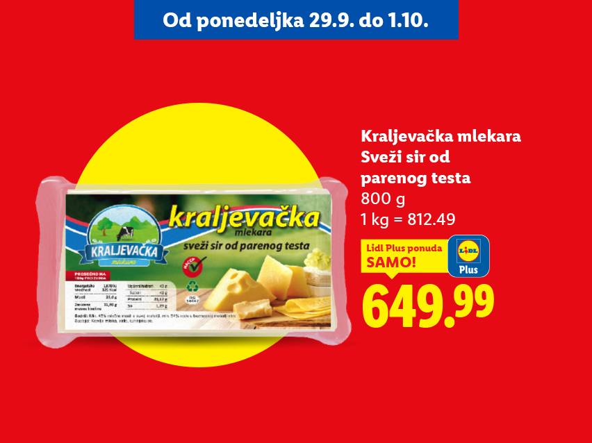 Kraljevačka mlečni sir od parenog testa u pakovanju od 800g, sa cenom od 649.99.