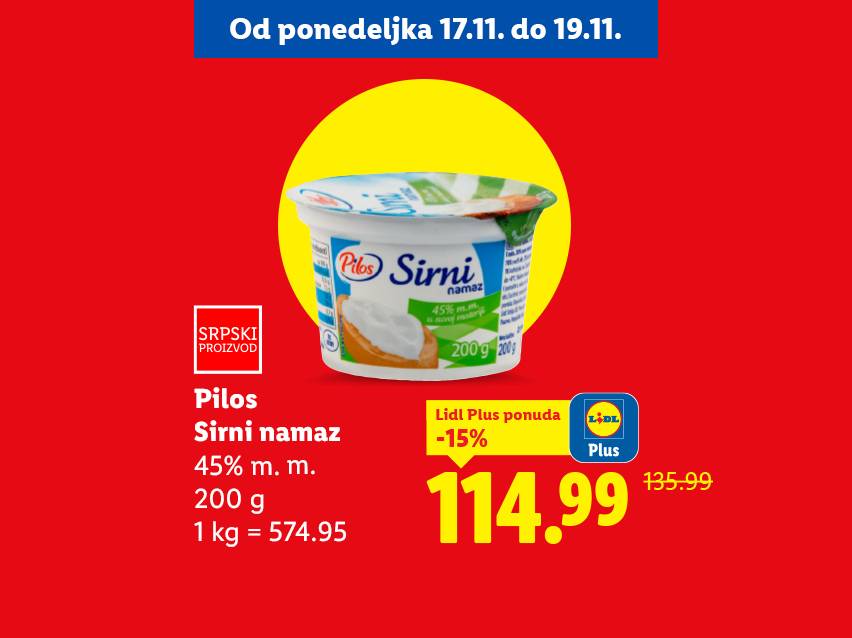 Pilos Sirni namaz, 200g, snižen na 114.99 dinara uz Lidl Plus ponudu.