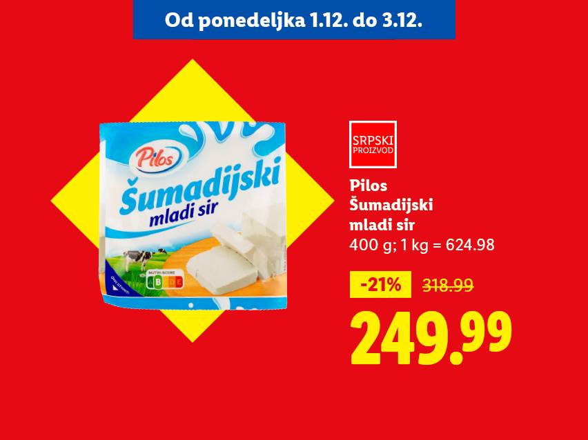 Pilos Šumadijski mladi sir, 400g, snižen 21% na 249.99 dinara.