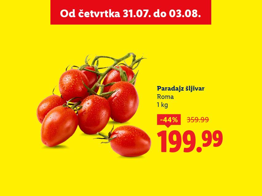 Roma paradajz šljivar (1kg) na akciji: 199,99 din (prethodna cena 359,99 din).