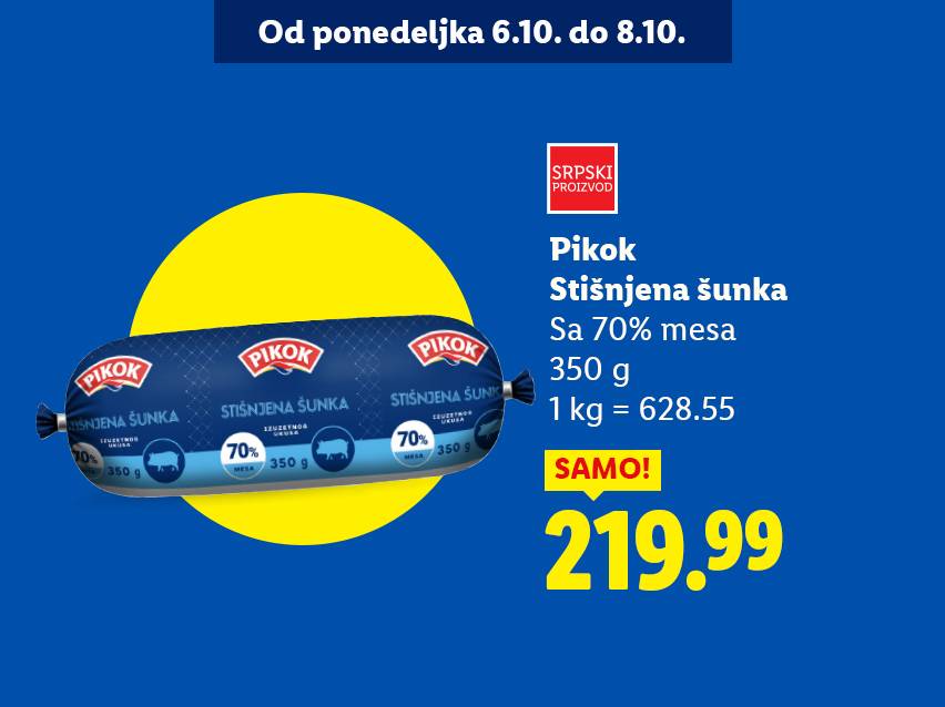 Pikok stišnjena šunka sa 70% mesa, 350g, po ceni od 219.99.