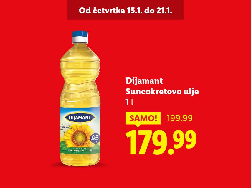 Dijamant suncokretovo ulje 1L, sniženo sa 199.99 na 179.99, ponuda važi od 15.1. do 21.1.
