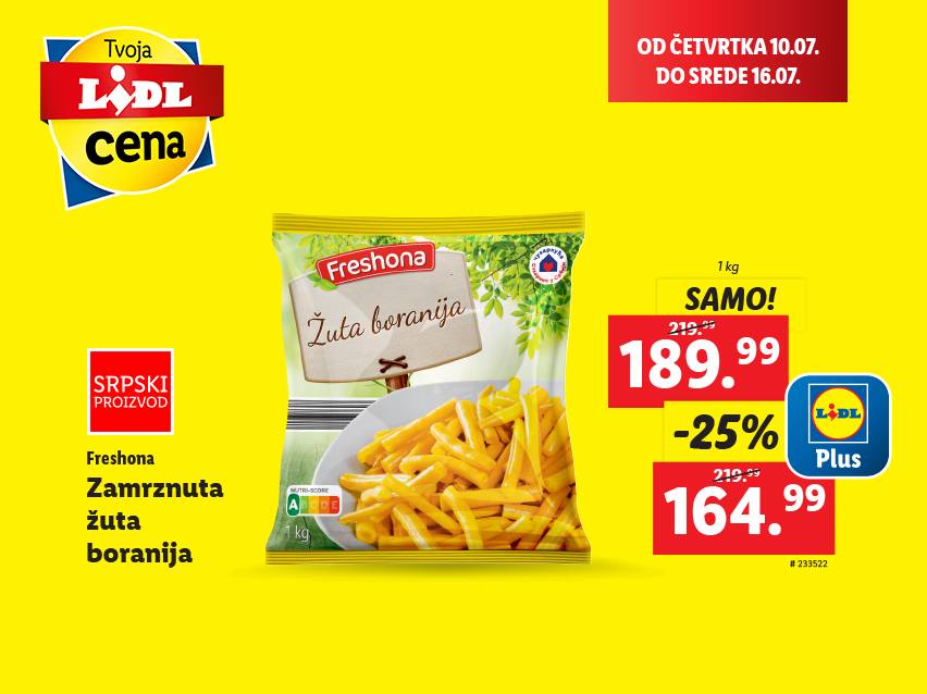 Lidl Plus akcija: Zamrznuta žuta boranija Freshona, 1kg, snižena cena.