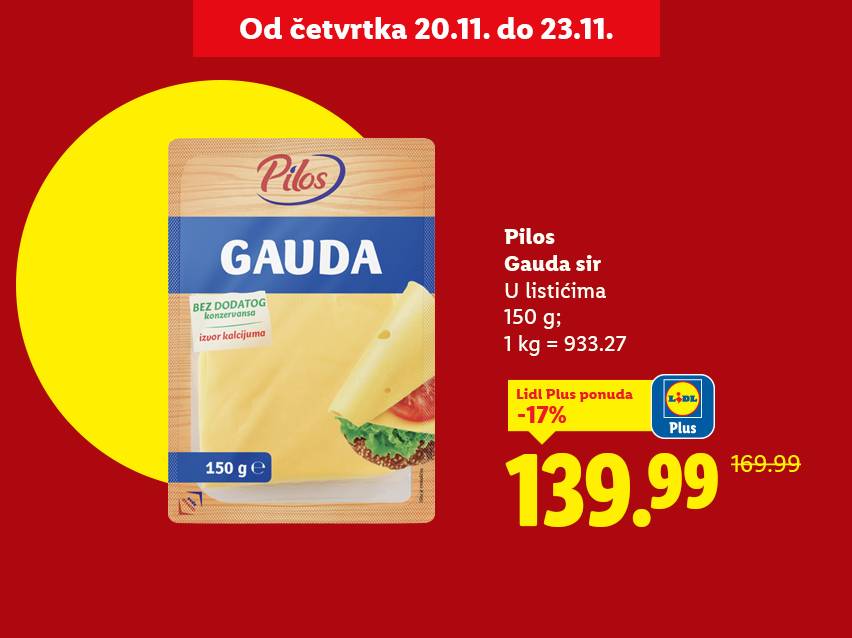 Pilos Gauda sir u listićima, 150g, na akciji sa 169.99 na 139.99 dinara.