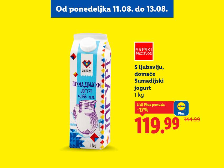 Reklama za Šumadijski jogurt 4,0% m.m. od 1 kg, sa cenom od 119.99 dinara.