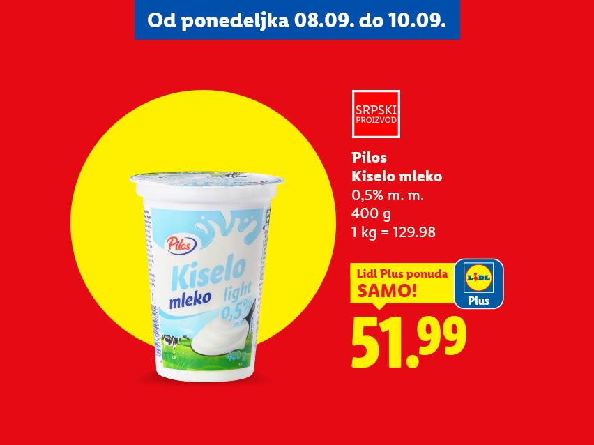 Reklama za Pilos kiselo mleko sa 0,5% mlečne masti, 400g, po ceni od 51.99 dinara.