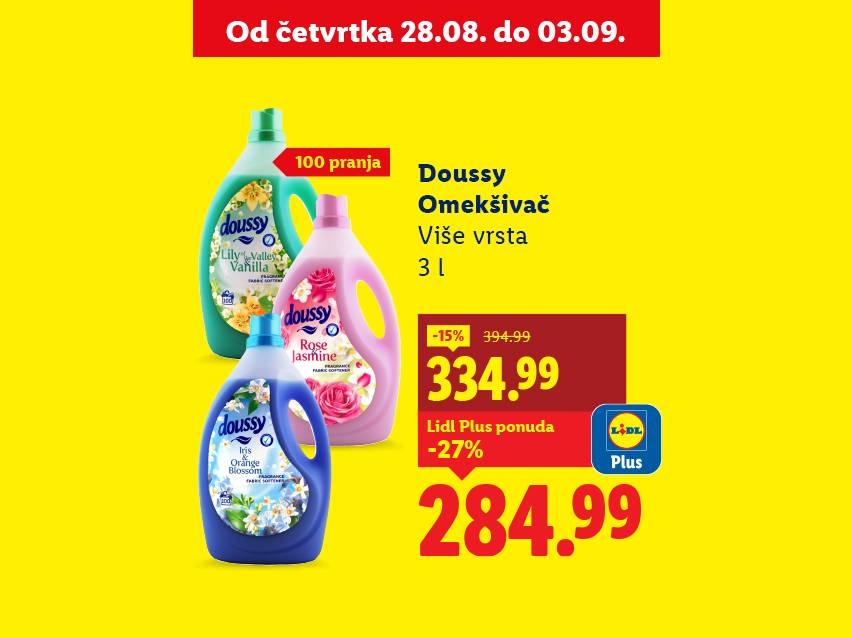 Doussy omekšivač za veš u različitim mirisima i pakovanjima, sa cenama i popustima.