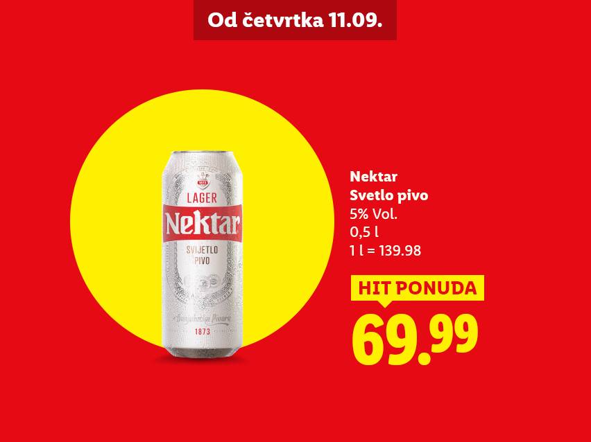 Reklama za Nektar svetlo pivo u limenci, sa cenom od 69.99 i detaljima o zapremini i procentu alkohola.