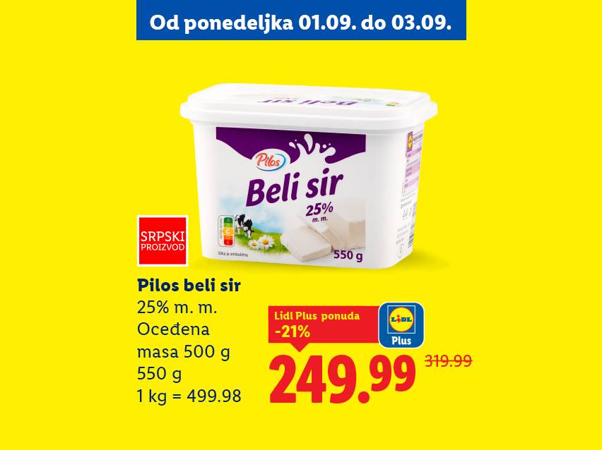 Pilos beli sir u pakovanju od 550g, sa popustom od 21% za Lidl Plus korisnike.