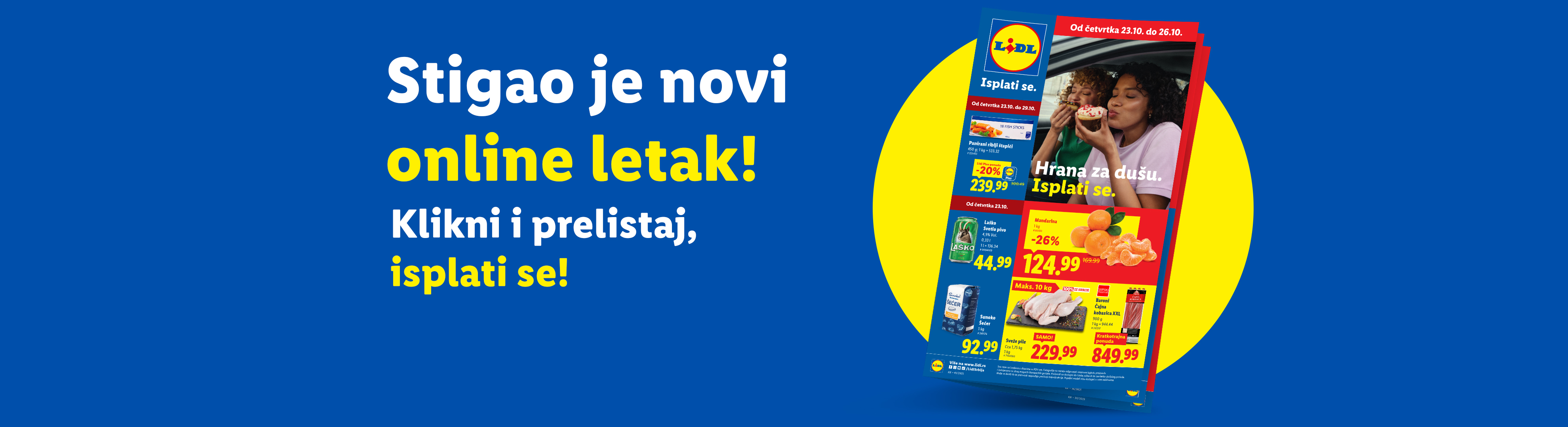 Lidl letak sa ponudama za panirane riblje štapiće, mandarine, pivo, šećer, sveže pile i kobasicu.