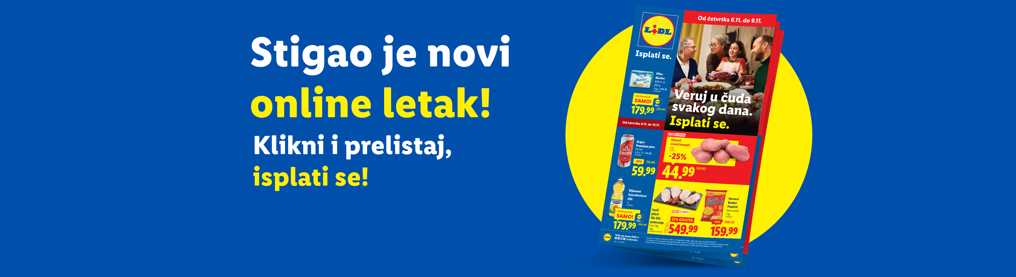 Lidl letak sa ponudama za maslac, pivo, krompir i pomfrit, uz poruku 'Stigao je novi online letak!'