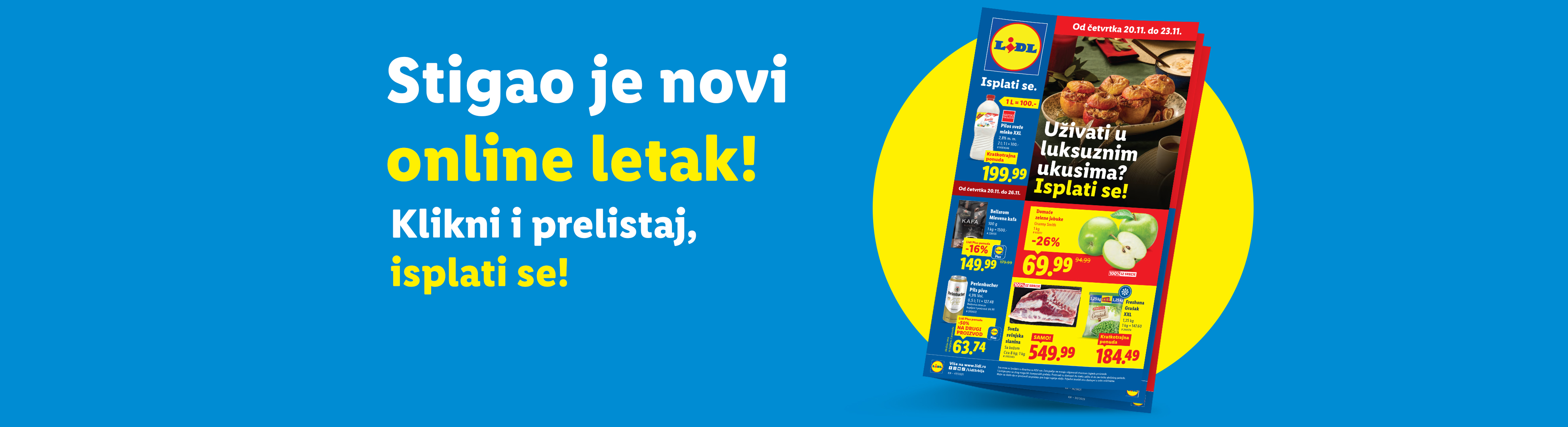 Lidl letak sa ponudama za mleko, kafu, jabuke i meso, sa natpisom 'Stigao je novi online letak!'