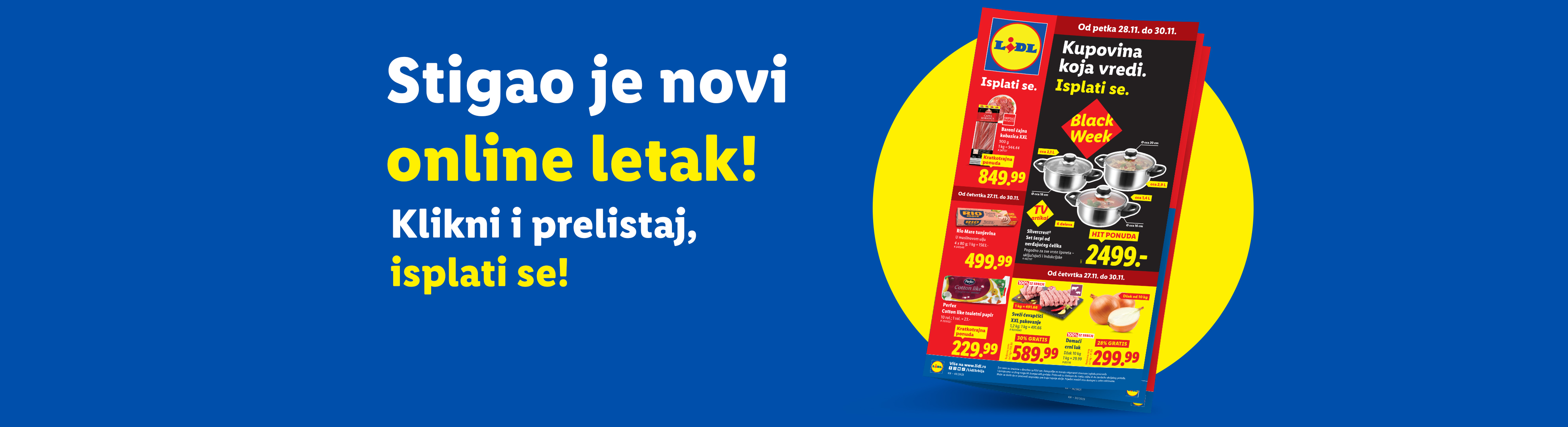 Lidl letak sa ponudama za Black Week, uključujući kobasice, tunjevinu, šerpe i toalet papir.