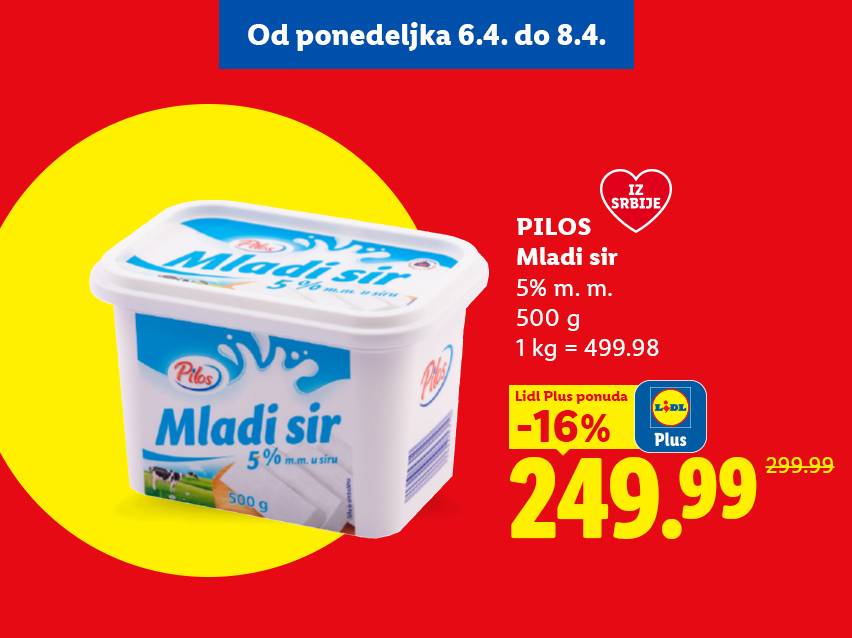 Reklama za mladi sir sa 5% mlečne masti, 500g, snižen sa 299.99 na 249.99 dinara.