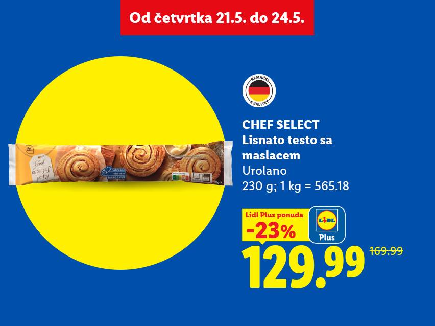 Reklama za lisnato testo sa maslacem, sa cenom od 129.99 dinara, sniženom za 23%.