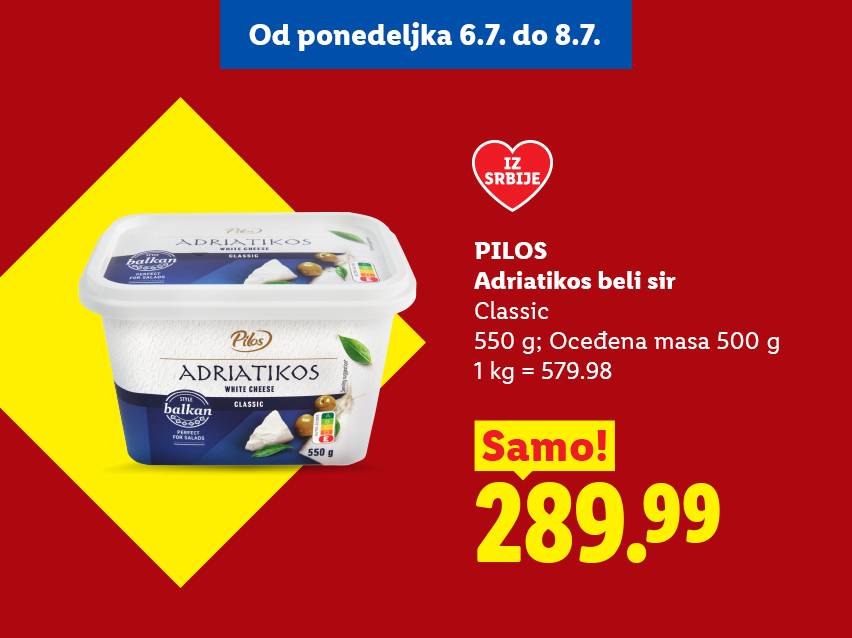 Beli sir u pakovanju od 550g, sa naznakom „Iz Srbije“, po ceni od 289.99.