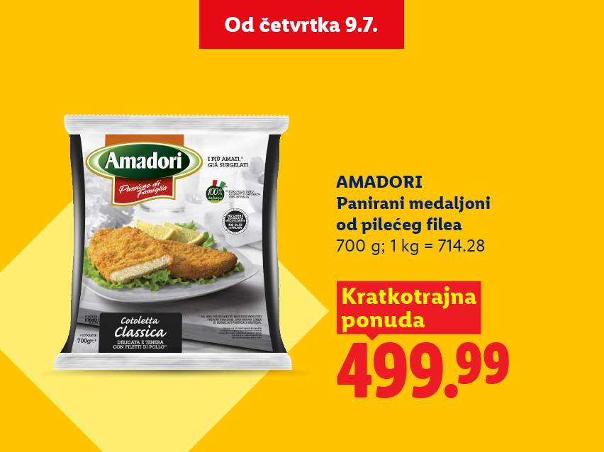 Pakovanje pohovanih pilećih medaljona sa cenom od 499.99 i informacijama o težini i ceni po kilogramu.