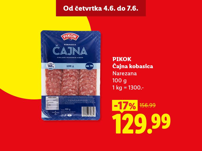 Pakovanje narezane čajne kobasice od 100g na akciji, sniženo 17% na 129.99.