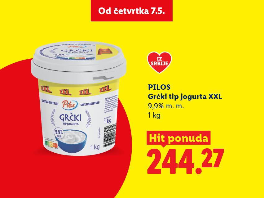 Grčki jogurt XXL, 9,9% m.m., 1 kg, po ceni od 244.27 dinara, ponuda važi od četvrtka 7.5.