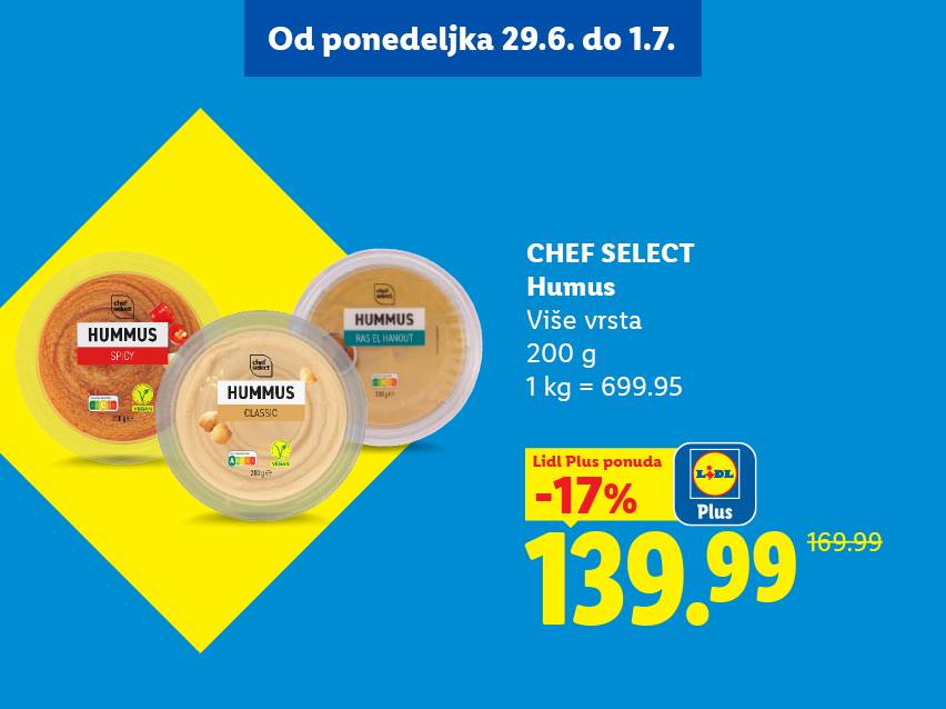 Tri pakovanja humusa (začinjeni, klasični i ras el hanout) sa informacijama o ceni i popustu.