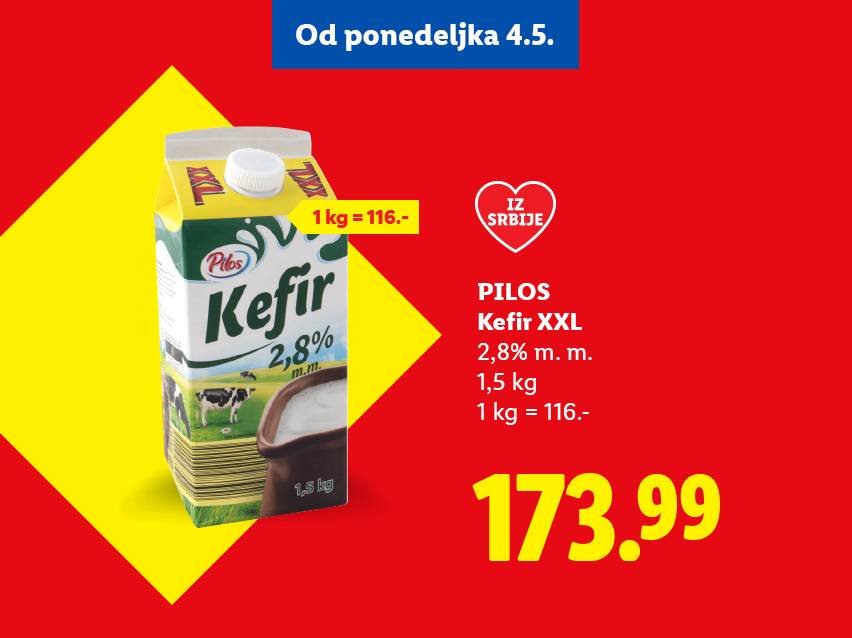 Kefir XXL 2,8% m.m. 1,5 kg, 1 kg = 116.-, cena 173.99, od ponedeljka 4.5.