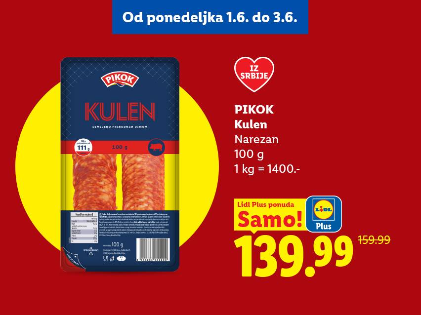 Pakovanje narezanog kulena sa cenom od 139.99 dinara, sniženo sa 159.99 dinara.