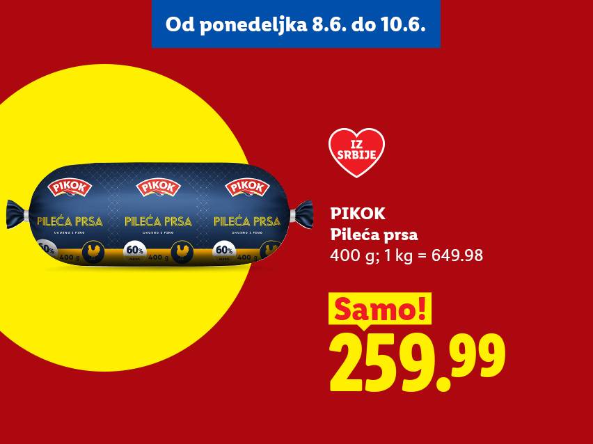 Pakovanje pilećih prsa sa natpisom „Iz Srbije“, cena 259.99 dinara.