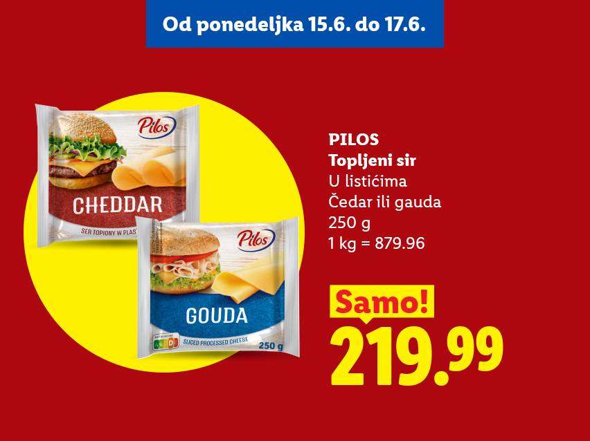Pakovanja topljenog sira u listićima (čedar i gauda) sa cenom i datumom akcije.