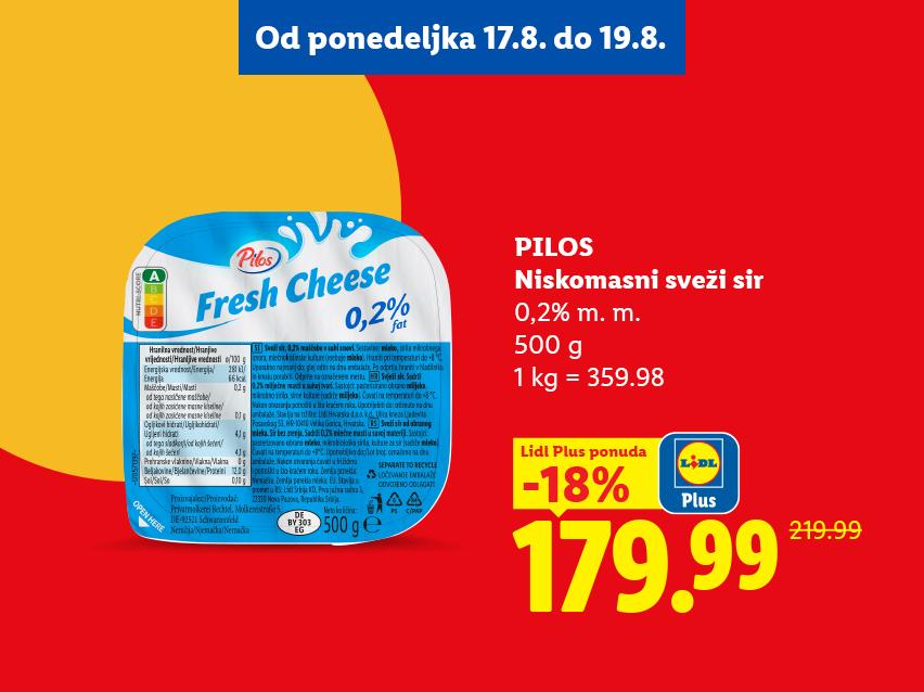 Pakovanje svežeg sira sa 0,2% masti, 500g, sniženo 18% na 179,99 dinara.