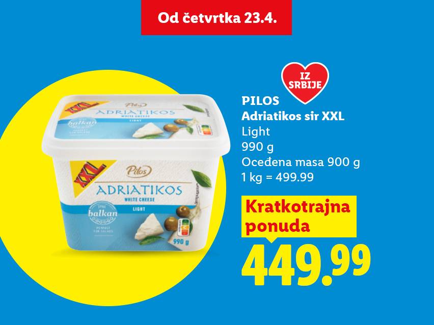 Reklama za beli sir u XXL pakovanju, sa naznačenom cenom i informacijama o težini.